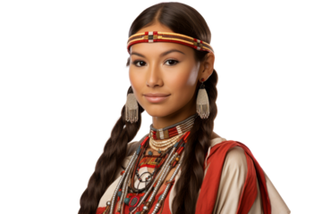 Cherokee woman wearing traditional clothing and jewelry Isolated on white background