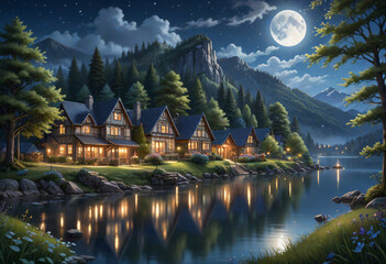 Obraz premium night landscape with lake and mountains