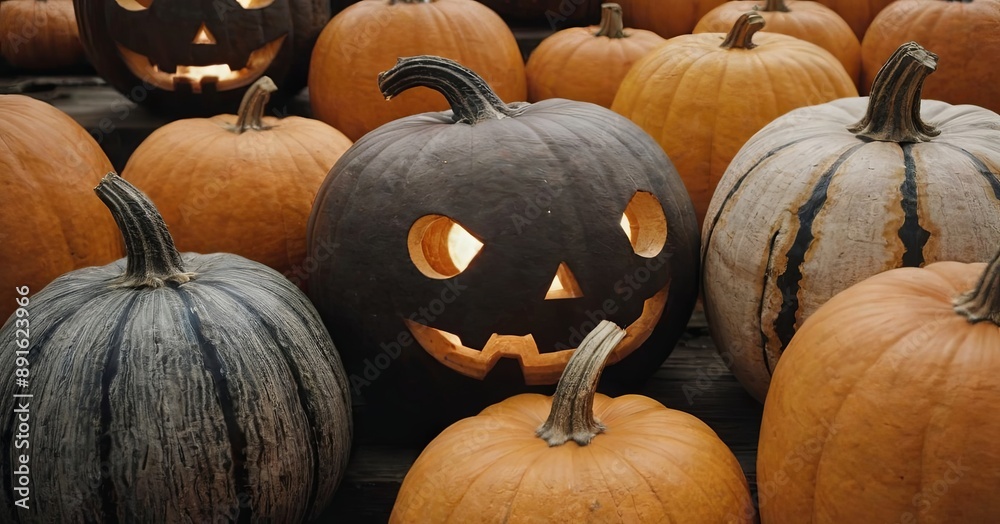 Poster A row of pumpkins with one of them having a scary face