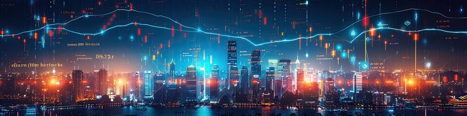 Panoramic view of a city skyline at sunset, overlaid with digital data graphics, representing modern technology and urban analytics..