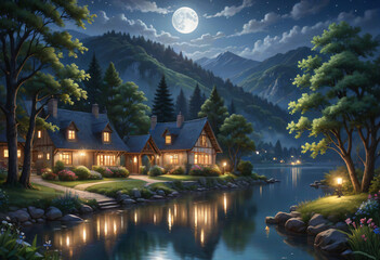 Fototapeta premium night landscape with lake and mountains