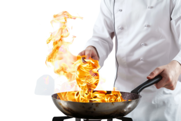 Chef holding frying pan with flames in modern restaurant kitchen Isolated on white background