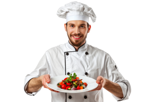 Chef presenting dish with pride in upscale restaurant Isolated on white background