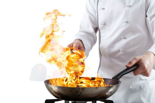 Chef holding frying pan with flames in modern restaurant kitchen Isolated on white background