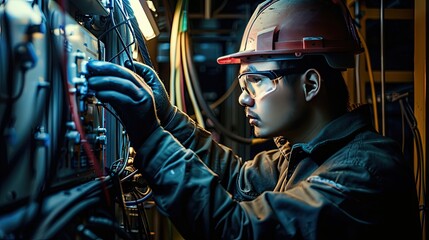 An electrician in protective gear and helmet working diligently on complex wiring in an industrial environment, showcasing technical expertise..