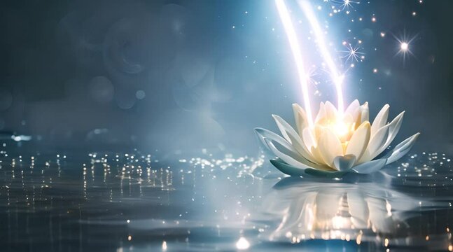 A glowing white lotus flower with sparkles floating on water, in an empty space above it.