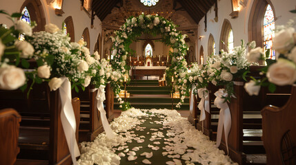 Obraz premium A beautifully decorated church with white flowers and greenery along the aisle, creating an elegant setting for a wedding ceremony.