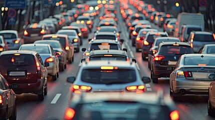 Dense traffic jam with numerous cars and taxis stuck on a wet road during evening rush hour, highlighting urban congestion..