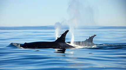 Fototapeta premium Humpback whale swimming with calf in sea 