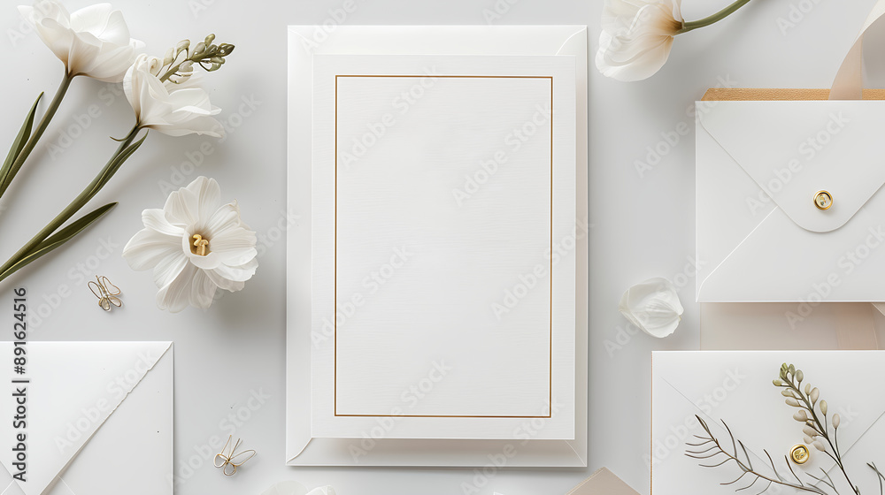 Wall mural a classic wedding invitation with white and gold accents,