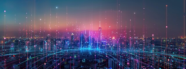 Fototapeta premium A vibrant cityscape at night showcasing a futuristic smart city integrated with digital networks and glowing data streams..
