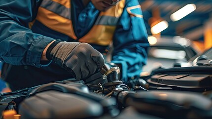 Obraz premium Close-up of a mechanic in gloves and safety gear working on a car engine in a professional workshop, highlighting automotive repair..