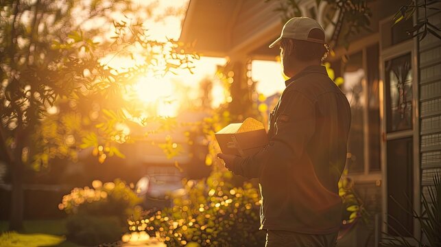 A delivery person holding a package in a residential area at sunset, symbolizing reliable and timely delivery services..