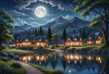 Obraz premium night landscape with lake and mountains