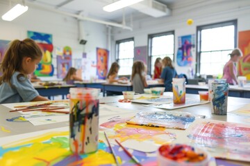 Fototapeta premium A classroom with students engaged in an art project, painting and drawing with colorful materials spread out.