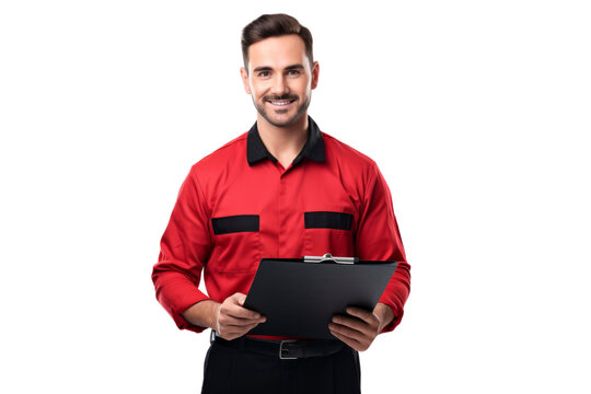 Car mechanic holding clipboard inspecting vehicle, focused expression, professional attire Isolated on white background