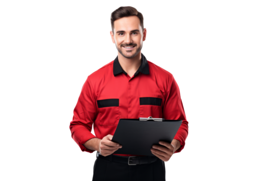 Car mechanic holding clipboard inspecting vehicle, focused expression, professional attire Isolated on white background - Powered by Adobe
