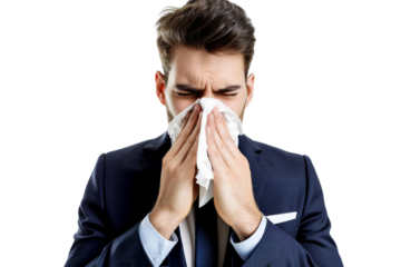 Businessman sneezing into tissue paper, showing illness isolated on white background