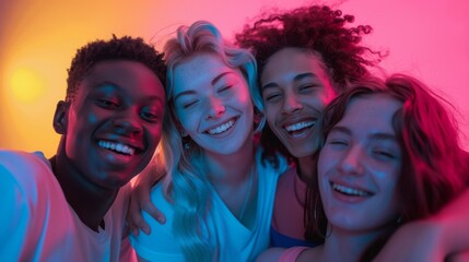 group of people of different ethnicities smiling at the camera on neon colored backgrounds