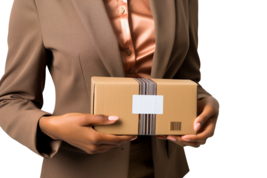 Businesswoman holding a parcel and checking its barcode Isolated on white background