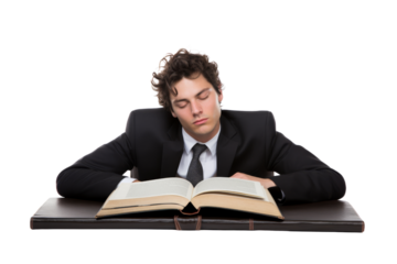 Businessman sleeping with head on open book isolated on white background