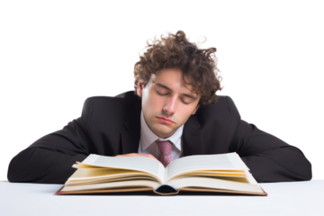 Businessman sleeping with head on open book isolated on white background