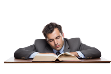 Businessman sleeping with head on open book isolated on white background