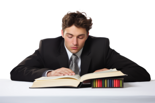 Businessman sleeping with head on open book isolated on white background