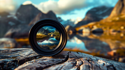 Camera Lens Reflection on Rocky Surface with Majestic Mountain Landscape Captured Through the Lens