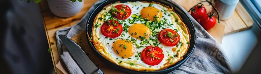 Delicious homemade frittata with vibrant tomatoes, fresh herbs, and perfectly cooked eggs in a skillet, ideal for breakfast or brunch.