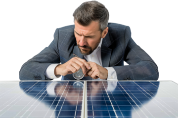 Businessman in a suit examining the details of a solar panel Isolated on white background