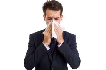 Business executive wiping nose with tissue paper isolated on white background