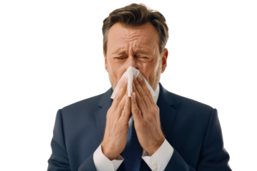 Business executive wiping nose with tissue paper isolated on white background