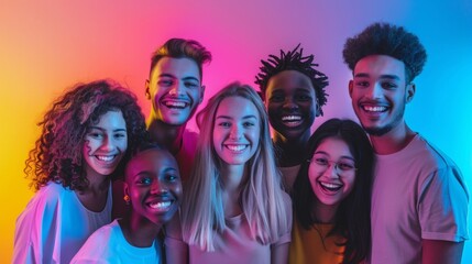 Fototapeta premium group of people of different ethnicities smiling at the camera on neon colored backgrounds