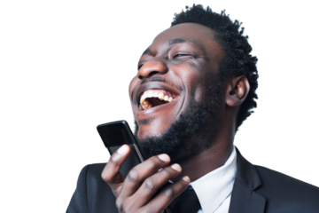 Black employee enjoying a phone conversation isolated on white background