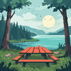 Illustration of a tranquil forest picnic spot by a lake under a full moon, with a wooden table and serene scenery.