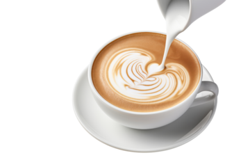 Barista pouring milk into a coffee cup creating latte art Isolated on white background