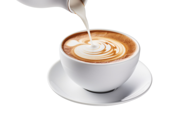 Barista pouring milk into a coffee cup creating latte art Isolated on white background