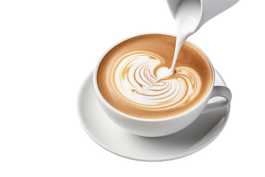 Barista pouring milk into a coffee cup creating latte art Isolated on white background