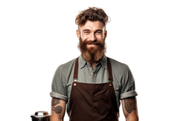 Barista bartender with beard smiling at camera Isolated on white background
