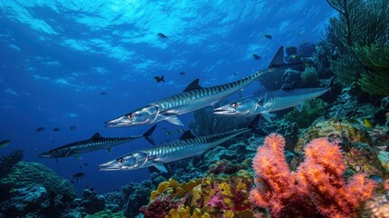 Marine Predators: Barracuda Group Patrolling Vibrant Coral Reef