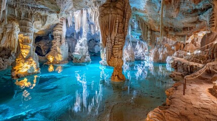 beautiful cave with rock formations and a blue lake