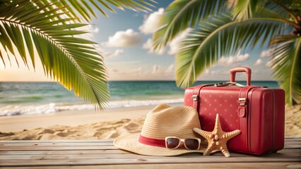Tropical Beach Travel and Photography Concept Camera Straw Hat Sunglasses accessories background