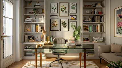 A stylish home office with a glass desk