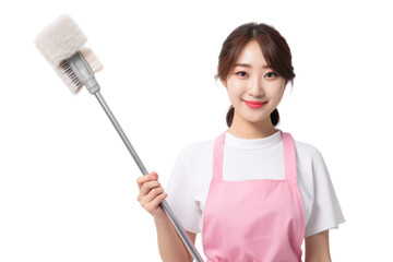 Asian teen housewife enjoying cleaning with mop Isolated on white background