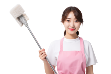 Asian teen housewife enjoying cleaning with mop Isolated on white background