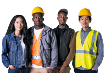 Asian foreman standing proudly with African American coworkers isolated on white background