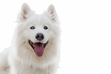 A close-up of a fluffy white dog with a happy expression, looking excited and friendly against a white backdrop.