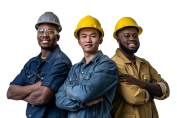 Asian male foreman and African American coworkers standing side by side isolated on white background