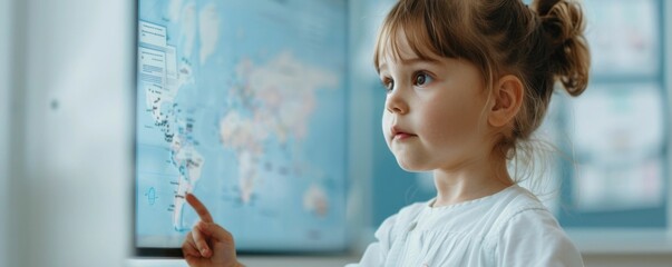 Portrait of teacher helping young student solve math problem displayed on large interactive whiteboard in elementary school classroom